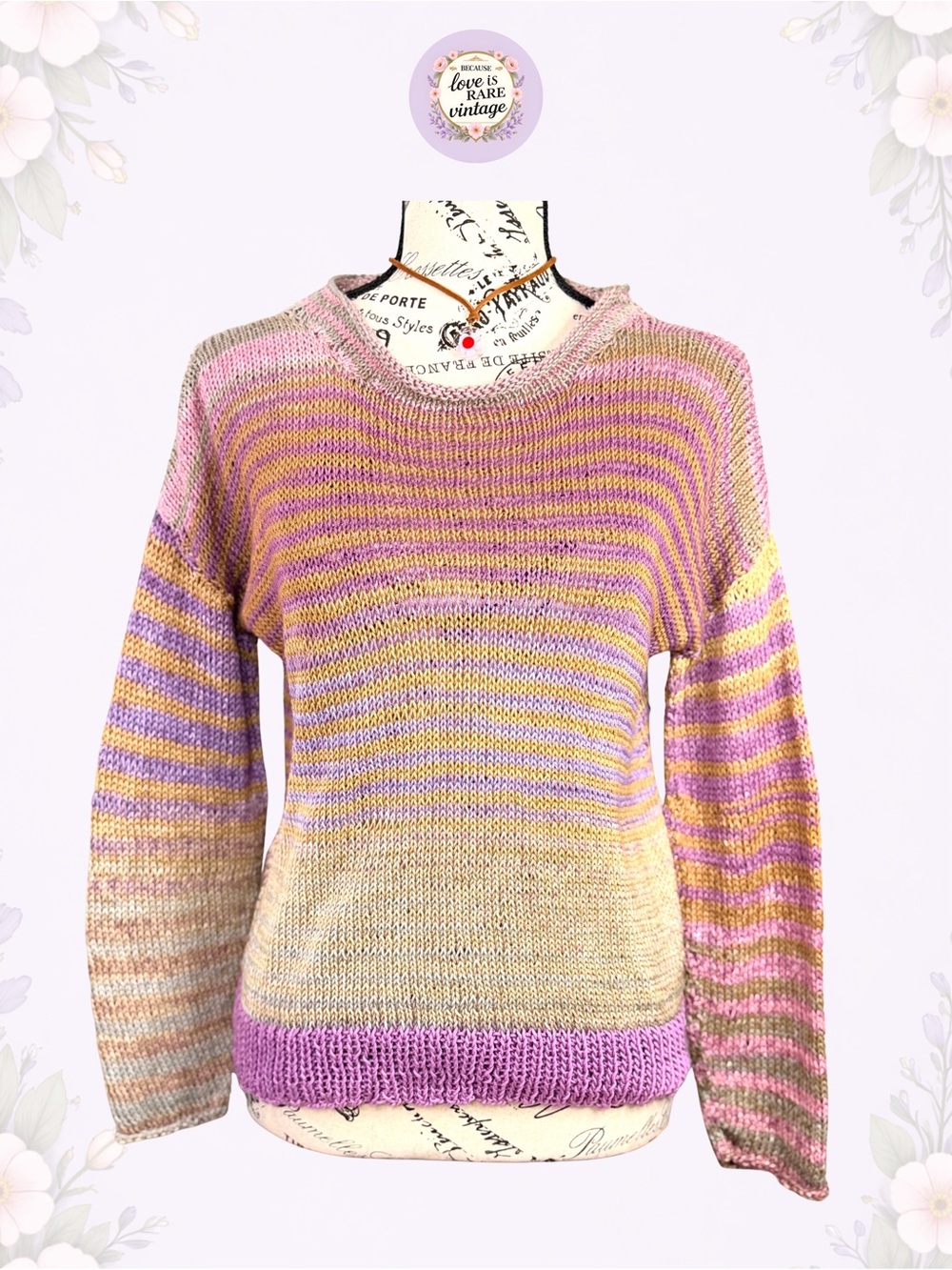 Vintage 1960s Hand Knit Pastel Striped Crewneck Sweater by Arlene Merrill